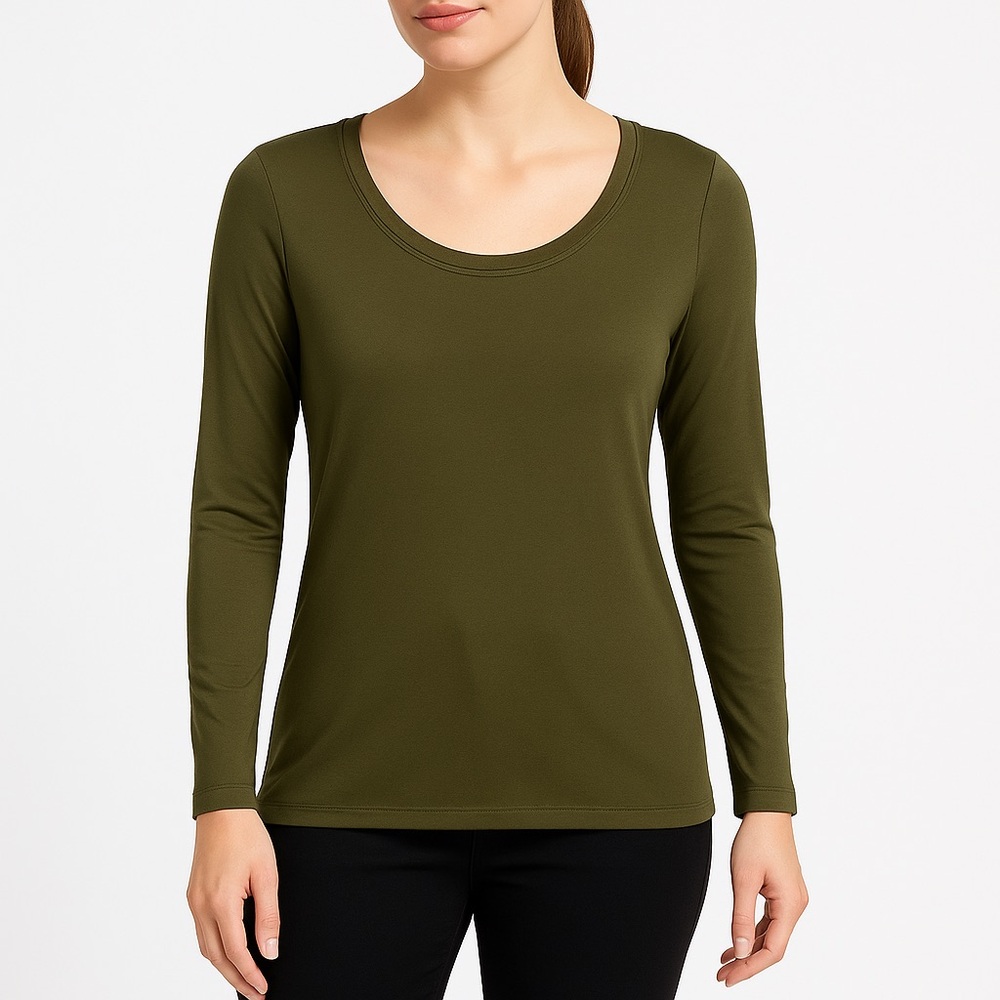 Adrienne Vittadini Olive Green Satin Neckline Long Sleeve Neck Top | Size L